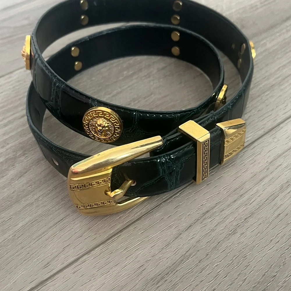 Vintage #11/4 Gator Genuine Leather M Green/Black Belt w Gold‎ Roman studs